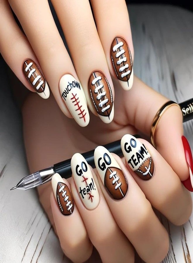 HJKDSFD Cute Rugby Press on Nails Short Oval Fake Nails Glossy Football Designs Acrylic False Nails Full Cover Holiday Stick on Nail French Short Glue on Nails for Women Girls 24Pcs - Image 1